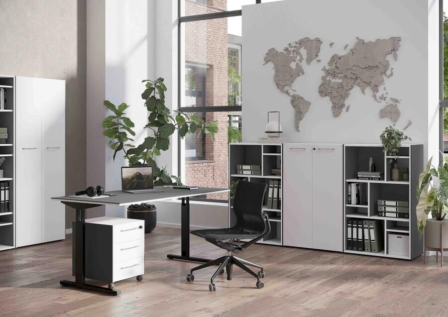 Lage open kantoorkast Minerva Wit Grafiet Breedte 75 cm Hoogte 120 cm Diepte 40 cm Met planken Met openslaande deuren
