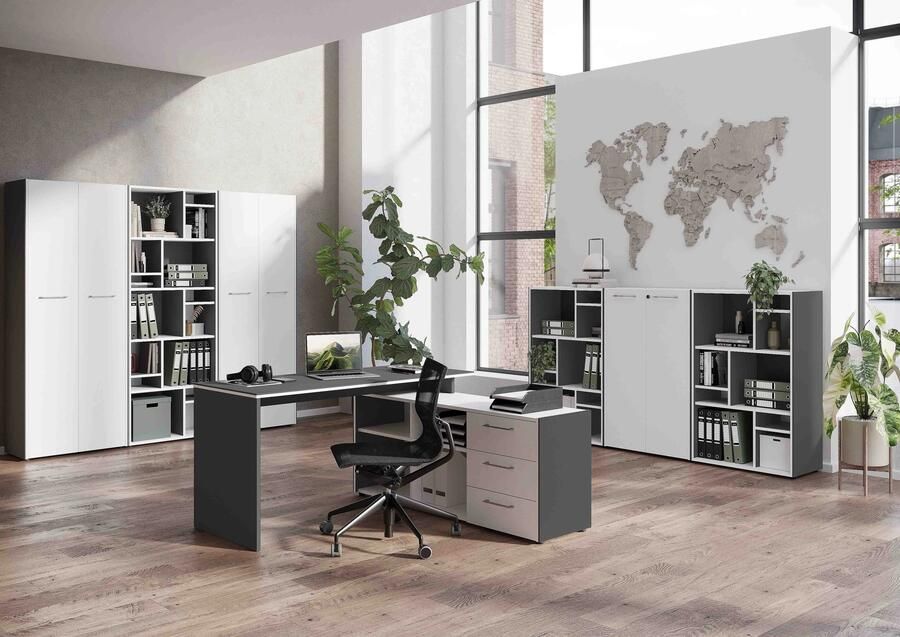 Hoekbureau Minerva Wit Grafiet 147x145cm Hoekbureau Met opbergruimte Hoogte 77 cm Met lades