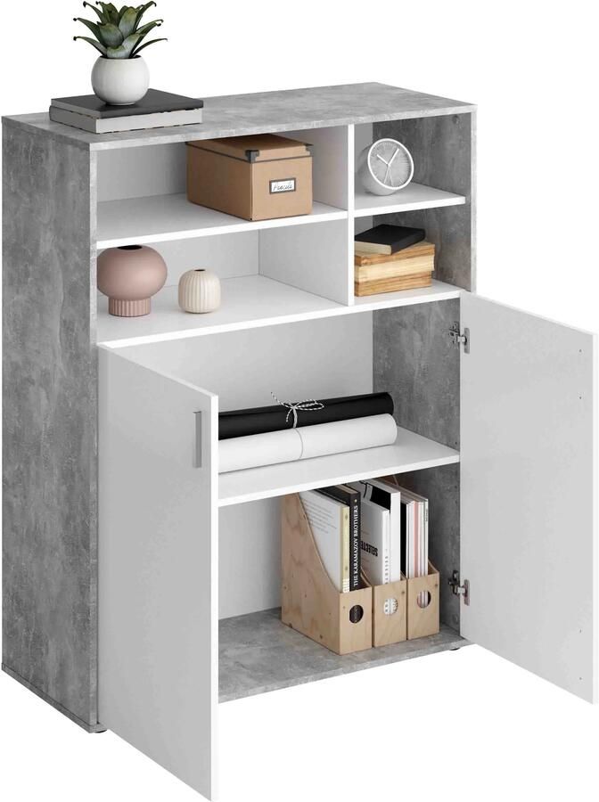 Kantoorkast Samuel Beton Wit Breedte 95 cm Hoogte 118.5 cm Diepte 39.9 cm Met planken Met openslaande deuren