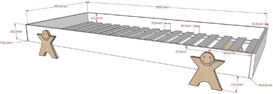 Kinderbed Nynke Grijs MDF Grenenhout Hoogte 27.5 cm