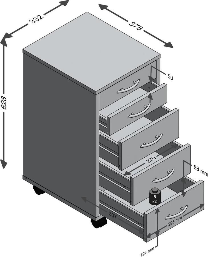 Ladeblok Themis Wit Met wielen Met lades Breedte 33 cm Diepte 38 cm Hoogte 63.5 cm