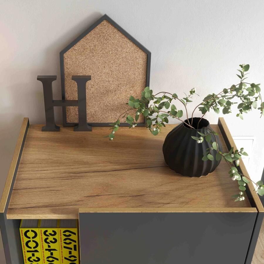 Lage kantoorkast Aster Eiken Grafiet Breedte 62 cm Hoogte 115 cm Diepte 42 cm Met planken Met openslaande deuren