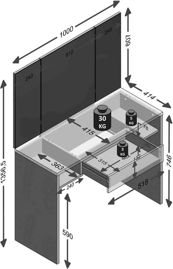 Make-up tafel Liv Wit Rechthoek 100x41 4cm Hoogte 135.7 cm