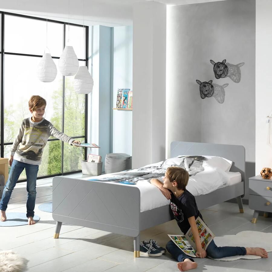 Tienerbed Eline Grijs MDF Grenenhout Hoogte 73 cm