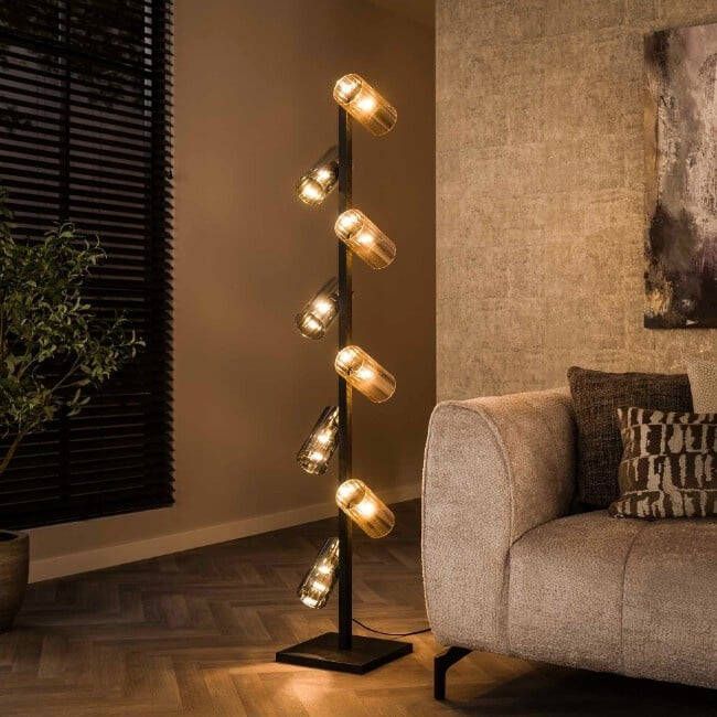 BelaLuz Vloerlamp Cylis 8-lichts Charcoal Mixed Glass