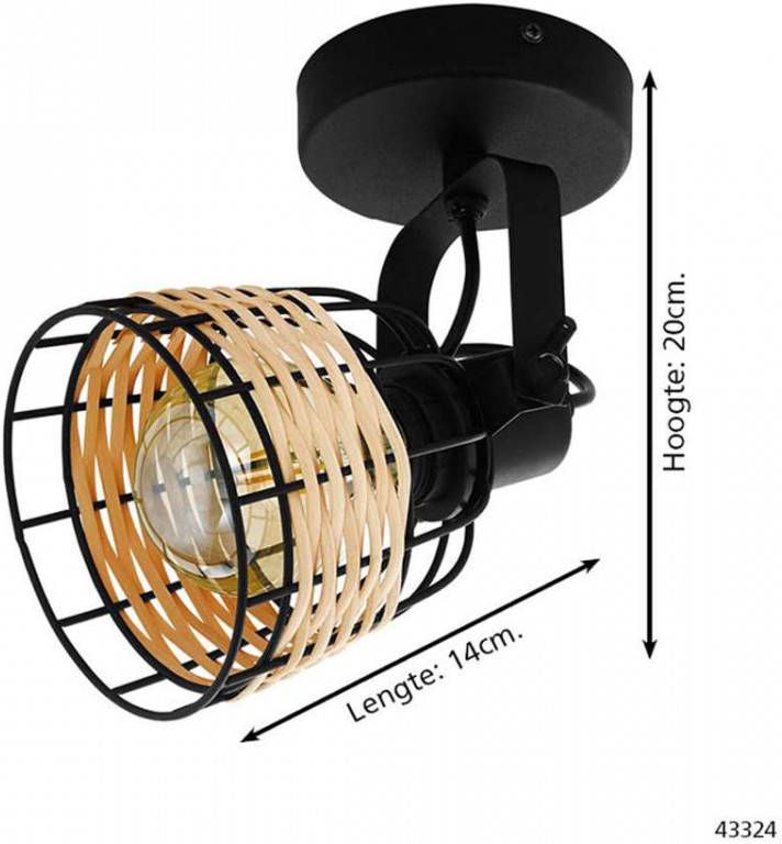 EGLO Plafondspot ANWICK 1 Wandspot E27 staal en rotan woonkamerlamp lamp Spot Slaapkamer Boho L14 x H20cm zwart natuur 1X40W excl. - Foto 2