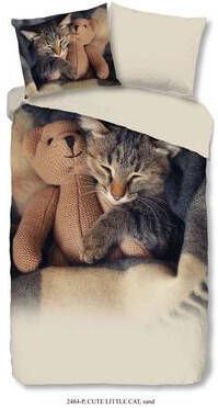 Good Morning kinderdekbedovertrek Cute Little Cat zandkleur 140x200 220 cm Leen Bakker