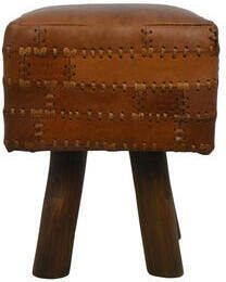 HSM Collection vierkante kruk Jari patchwork leder vintage cognac Leen Bakker