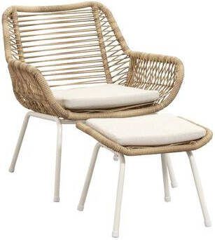 Le Sud Loungestoel Grand met voetenbank naturel zand metaal wicker 2-delig Leen Bakker