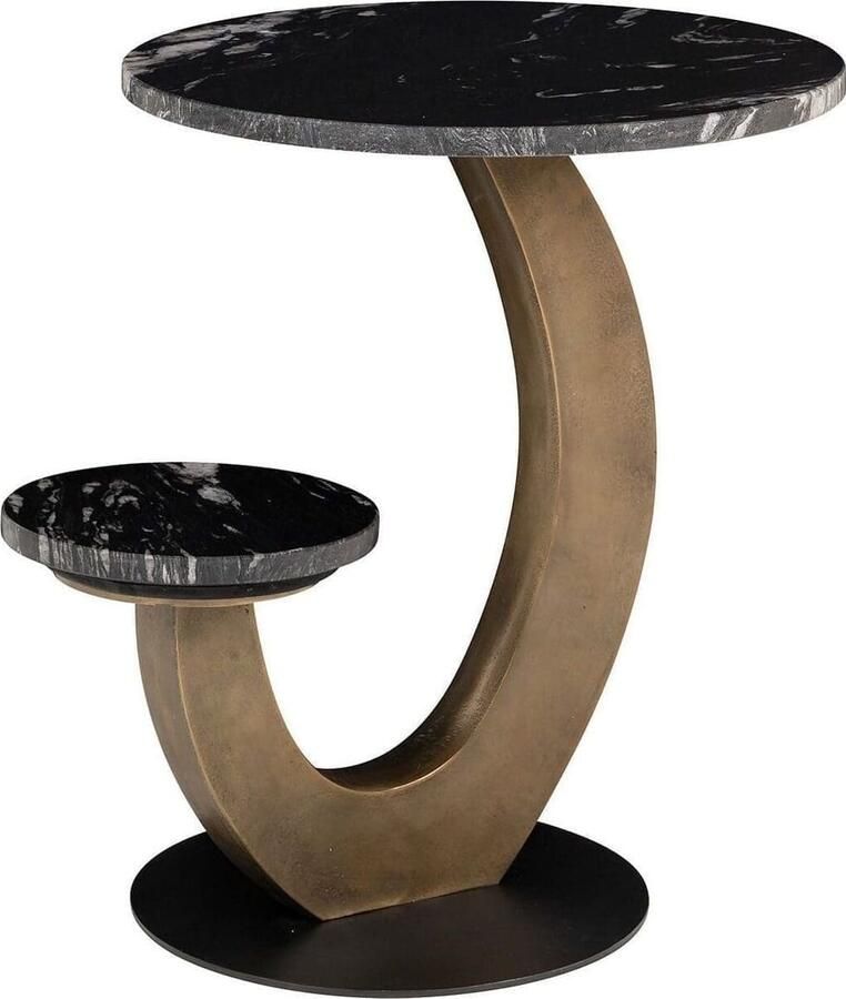 Richmond Interiors Richmond Ronde Bijzettafel Tibby Marmer en brushed gold Met 2 bladen Zwart