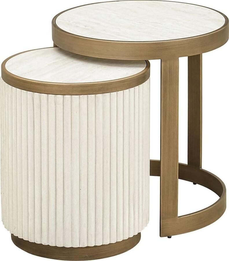 Richmond Interiors Richmond Ronde Bijzettafel Tivoli Stof en keramiek Set van 2 stuks Wit