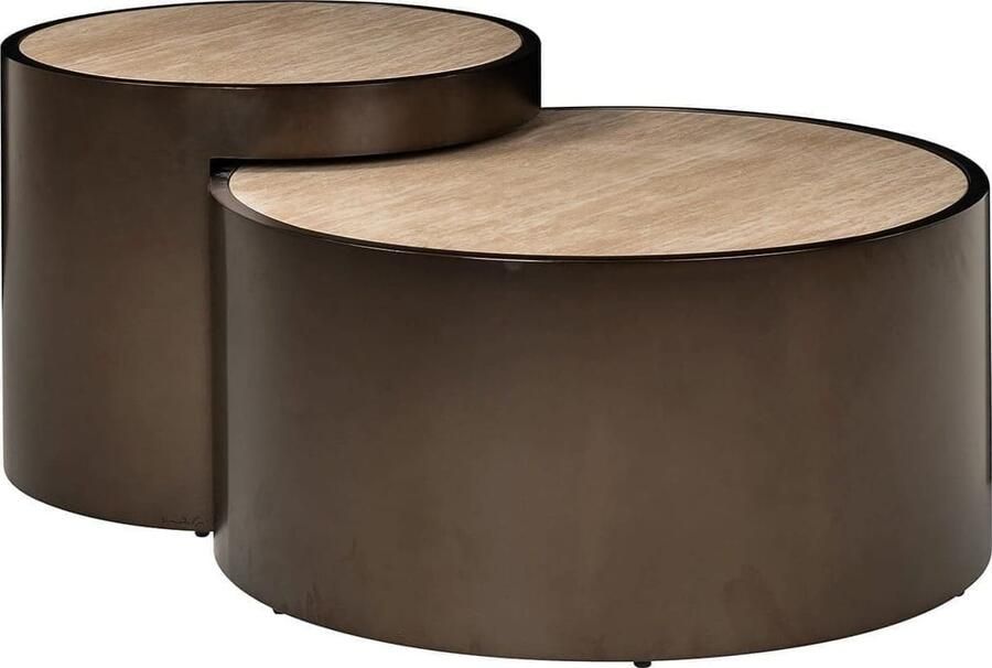 Richmond Interiors Richmond Salontafel Ronson Travertinlook Brons Set van 2 stuks Beige Rond