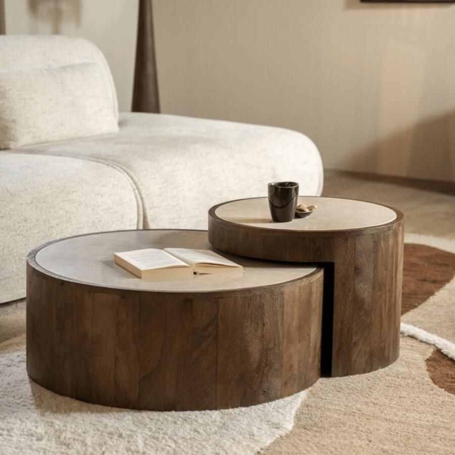 Eleonora Ronde Salontafel Hazel Mangohout en marmer Set van 2 stuks Bruin - Foto 2