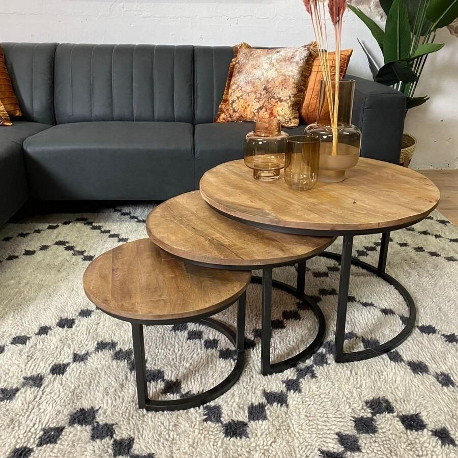 Brix Salontafel 'Jerrel' Set van 3 stuks Mangohout en staal kleur Metaal