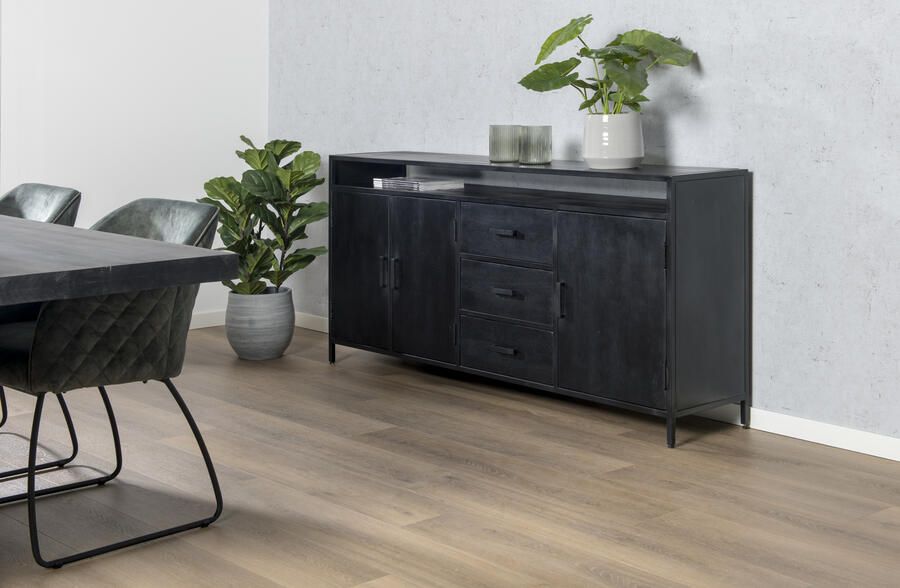 Livingfurn Dressoir Kala 180cm met open vak Mangohout zwart