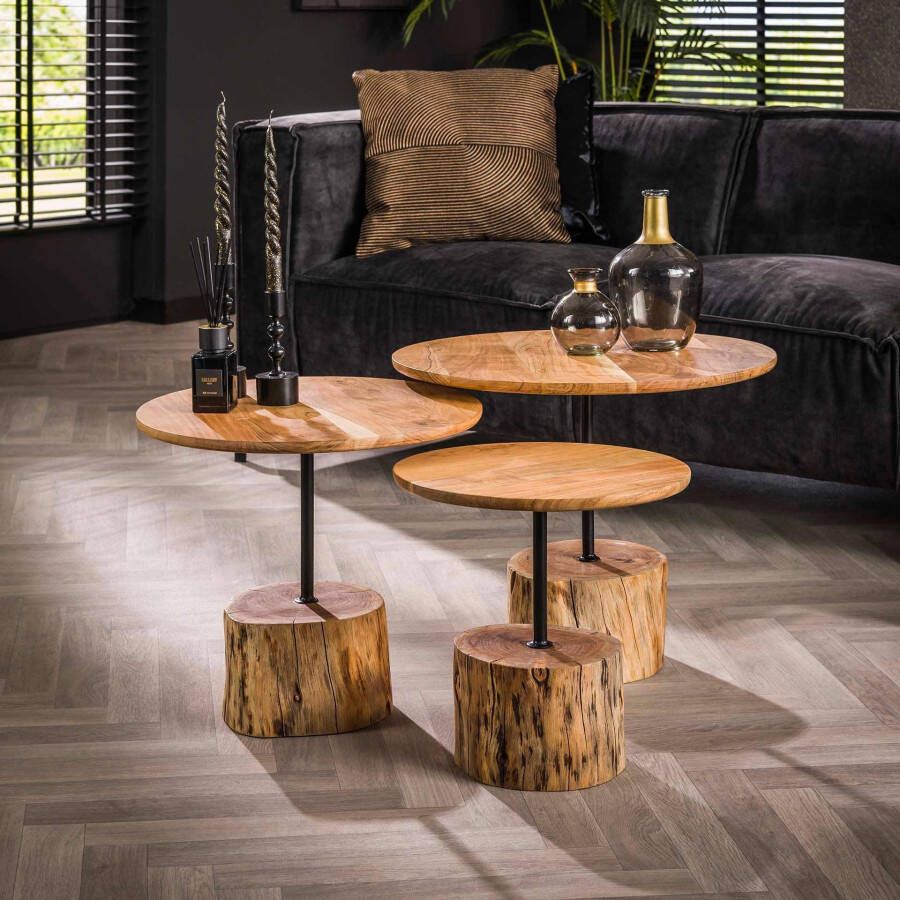 Max Wonen Salontafel set met boomstam voet | Massief acacia | Set van 3