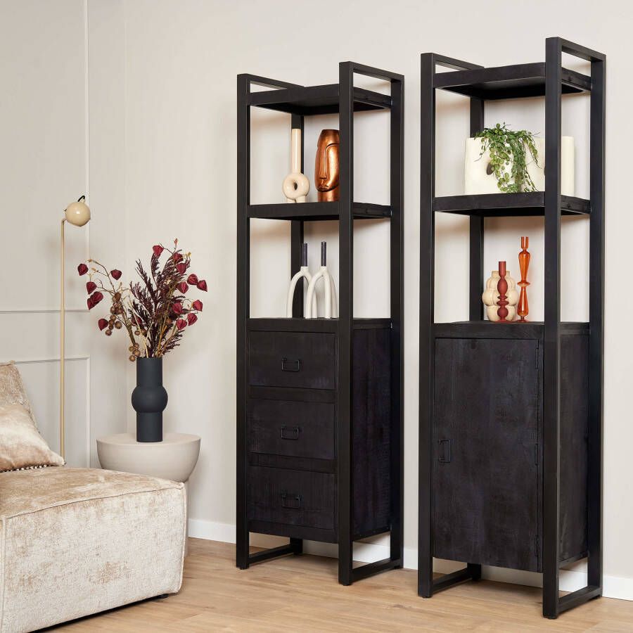 Max Wonen Zwarte boekenkast Britt Black met 3 lades | 200 x 55 cm