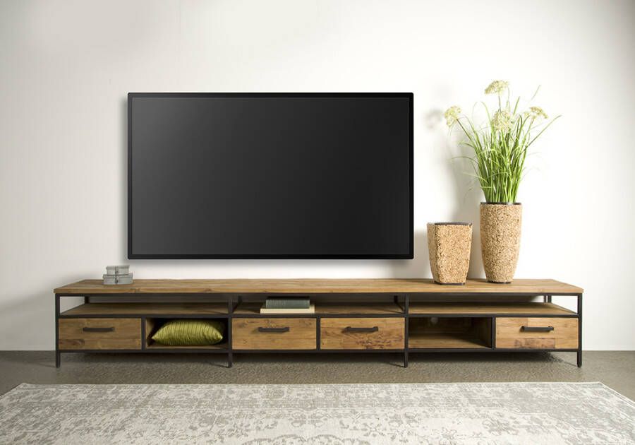 Tower Living Tv meubel Livorno 300 cm | Gerecycled teak & metaal