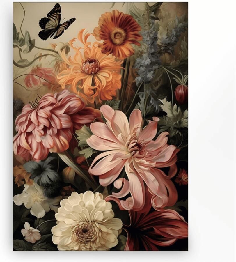 Urban Cotton Wandkleed Vintage Flowers in zwart frame Small 80 x 110cm