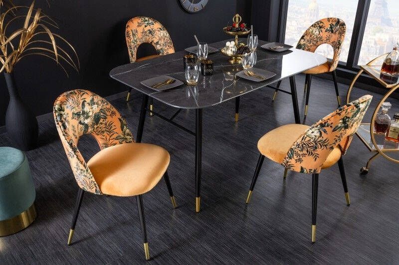Invicta Interior Design stoel PRET-A-PORTER geel fluweel bloemmotief en gouden voetdoppen 41701