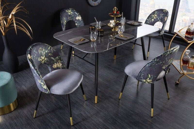 Invicta Interior Design stoel PRET-A-PORTER grijs fluweel bloemmotief en gouden voetdoppen 41703