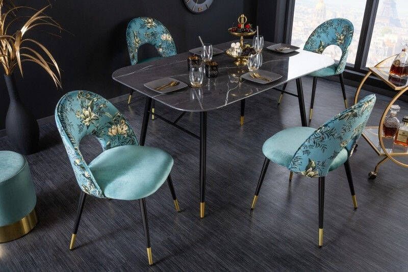 Invicta Interior Design stoel PRET-A-PORTER turquoise fluweel bloemmotief en gouden voetdoppen 41702