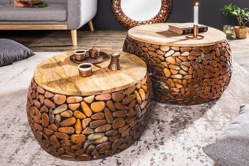 Invicta Interior Set van 2 ronde salontafels STONE MOSAIC 65cm koper mangohout metaal mozaiek ontwerp handgemaakt 41432