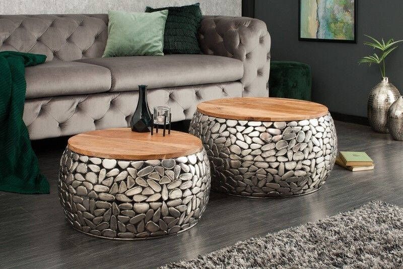Invicta Interior Set van 2 ronde salontafels STONE MOSAIC 65cm zilver mangohout metaal handgemaakt mozaiekontwerp 41433