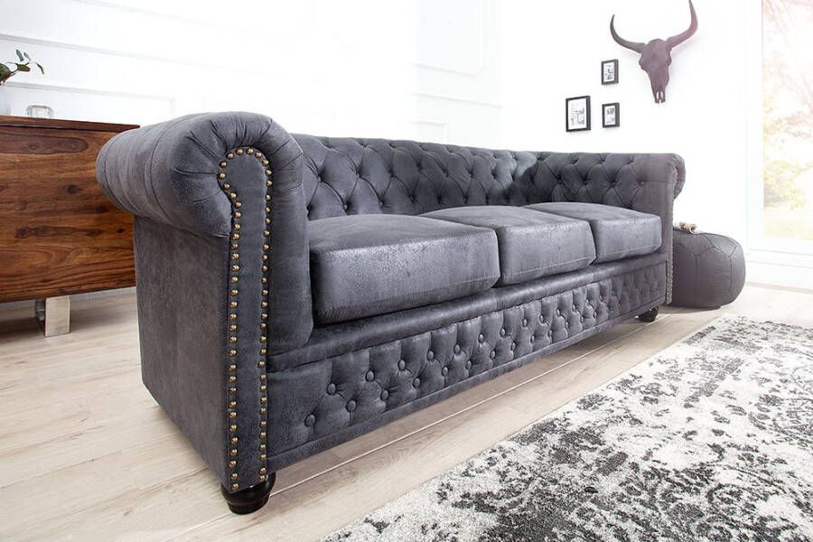 Invicta Interior Design 3-zits bank CHESTERFIELD 200cm antiek grijze veerkern 3-zits loungebank 37391