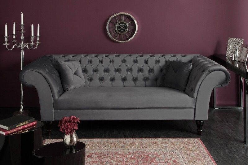 Invicta Interior Chesterfield Design 3-zits loungebank PARIS 225cm zilvergrijs fluweel 3-zits inclusief kussens 40148