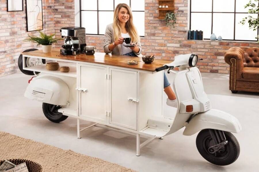 Invicta Interior Extravagante barkast SCOOTER 250cm witte retro console scooter met mangohout upcycling 42104