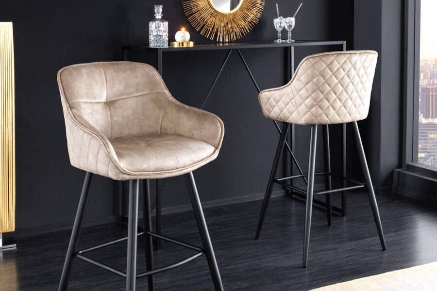 Invicta Interior Design barkruk EUPHORIA champagne greige fluweel zwart metalen poten barstoel met rugleuning 43686
