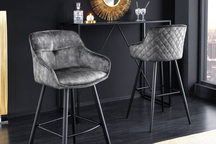 Invicta Interior Design barkruk EUPHORIA grijs fluweel zwart metalen poten barstoel met rugleuning 43690