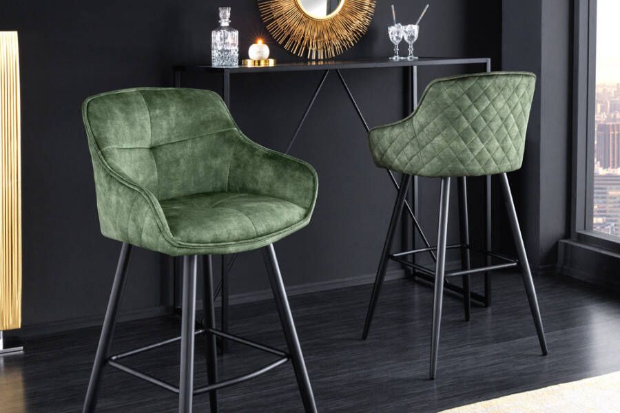 Invicta Interior Design barkruk EUPHORIA groen fluweel zwart metalen poten barstoel met rugleuning 43688