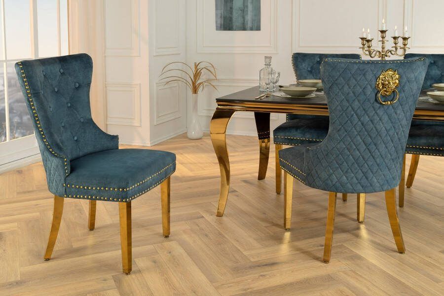 Invicta Interior Barokke stoel CASTLE DELUXE benzine fluweel goud roestvrij staal met leeuwenkop decoratieve klinknagels 46147