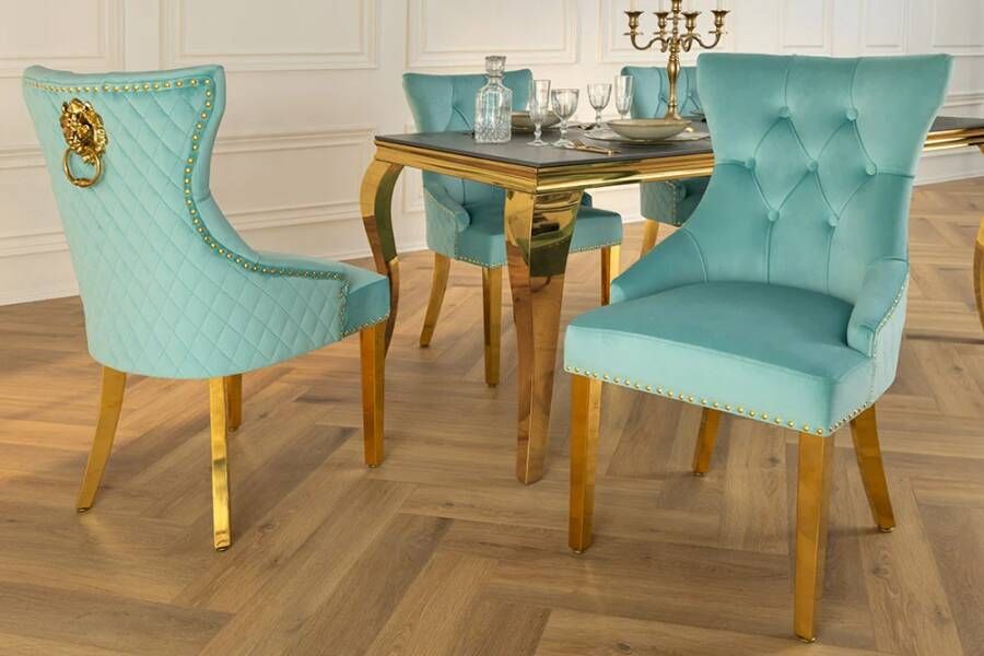 Invicta Interior Barokke stoel CASTLE DELUXE blauw fluweel goud RVS met leeuwenkop Chesterfield 45845