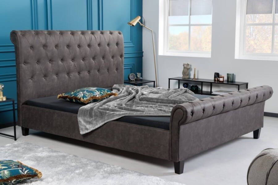 Invicta Interior Chesterfield tweepersoonsbed KENSINGTON 160x200cm donkergrijs queen size gestoffeerd bed 40605