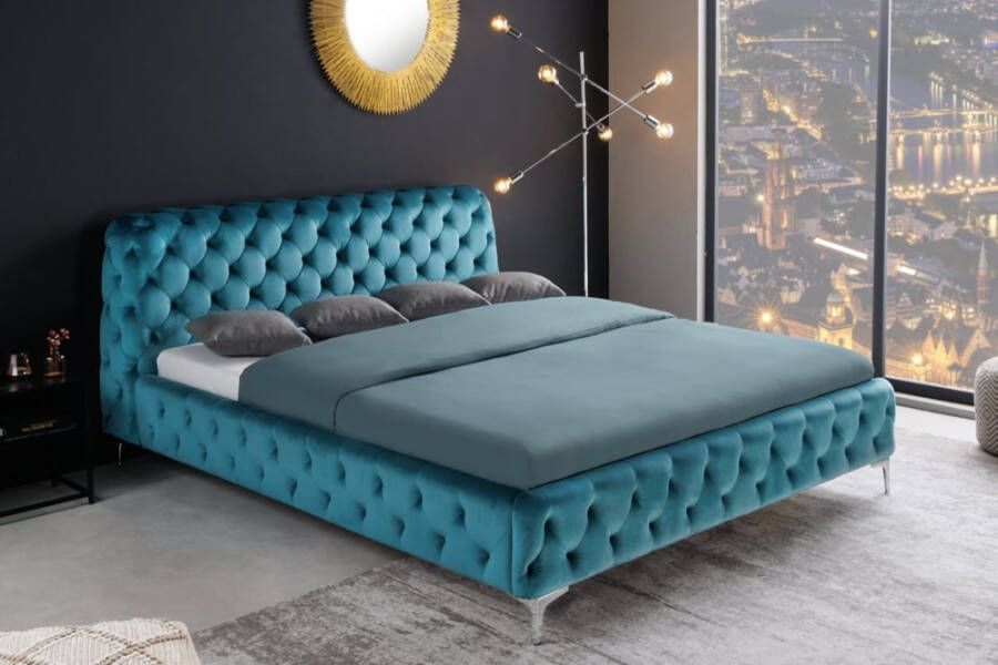Invicta Interior Design tweepersoonsbed MODERN BAROK 180x200cm Pacific Blue Velvet Chesterfield kingsize bed 41438