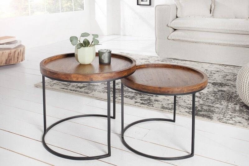 Invicta Interior Set van 2 bijzettafels ELEMENTS 55cm massief acaciahout steenafwerking rond metalen frame zwart 36743