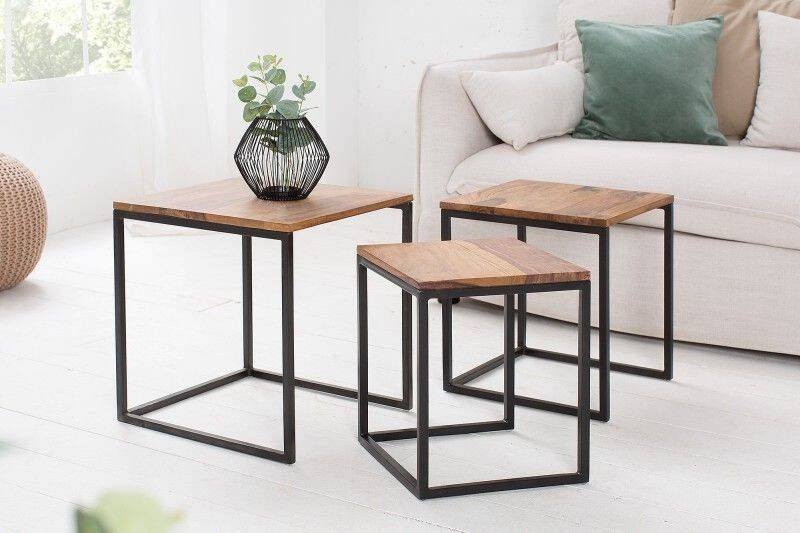 Invicta Interior Design bijzettafel set van 3 ELEMENTS 40cm Sheesham metalen frame zwart 38605