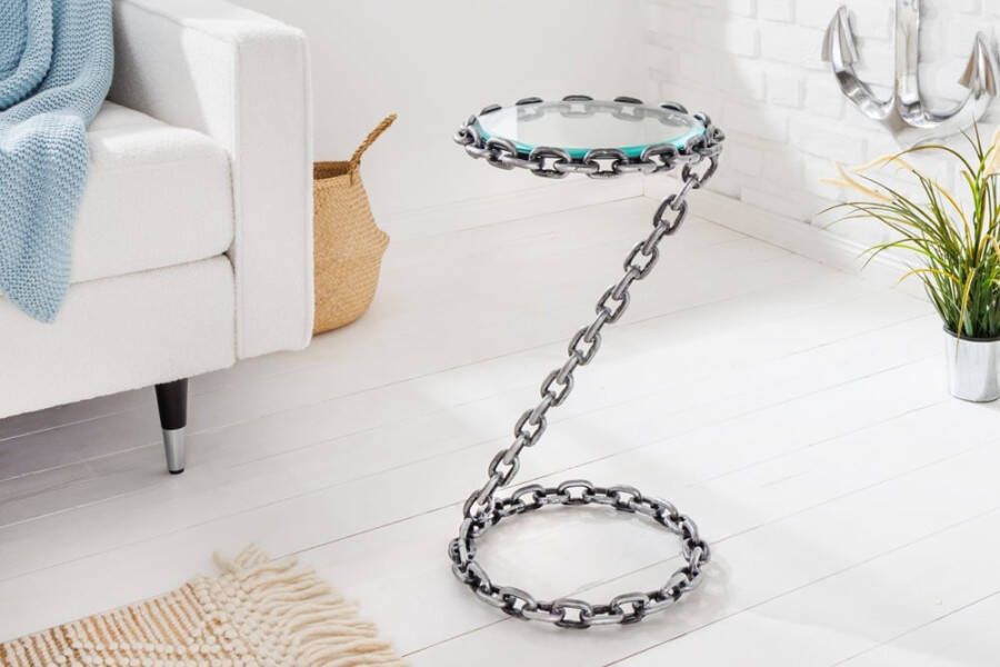 Invicta Interior Design bijzettafel CHAINS 35cm zilver handgemaakt metalen rond glazen blad kettingframe 42234