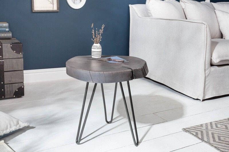Invicta Interior Ronde bijzettafel GOA 45cm grijs massief acaciahout boomschijf kruk haarspeldpoten metaal 39597