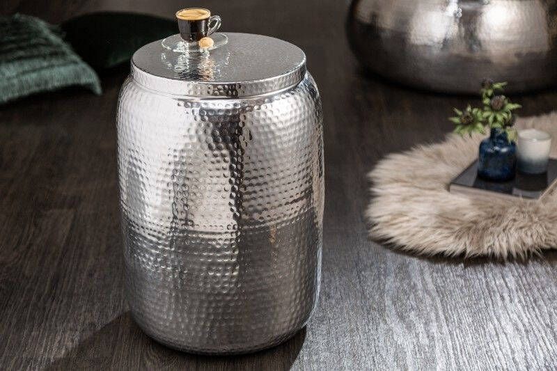 Invicta Interior Handgemaakte bijzettafel ORIENT STORAGE 50cm zilver gehamerd ontwerp met ronde opbergruimte 40234