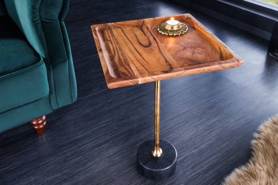 Invicta Interior Design bijzettafel TRAYFUL 55cm natuurlijk acacia massief hout zwart marmeren onderstel goud metaal 41281