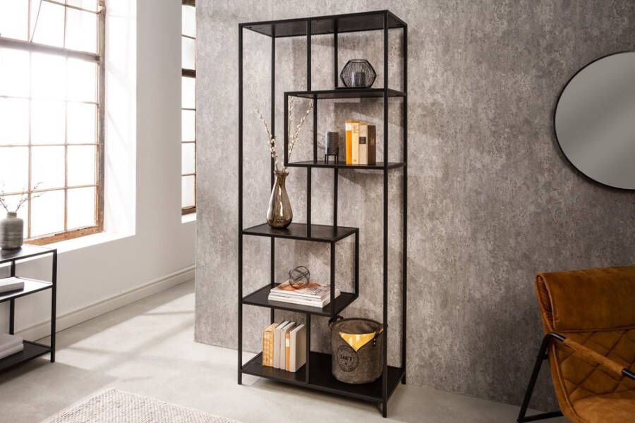 Invicta Interior Industriële boekenkast SLIM LINE 185cm zwart essen zes planken 42021