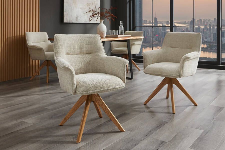 Invicta Interior Bureaustoel LE GRAND beige chenille naturel massief eikenhout met armleuning 47475