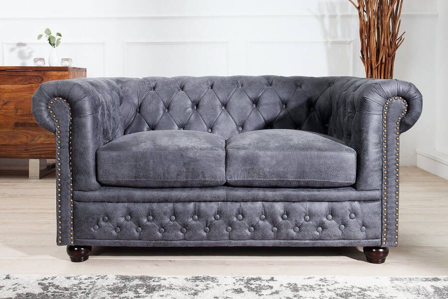 Invicta Interior Chesterfield 2-zitsbank 150 cm antiek grijs microvezel stiksels met veerknopen 37390