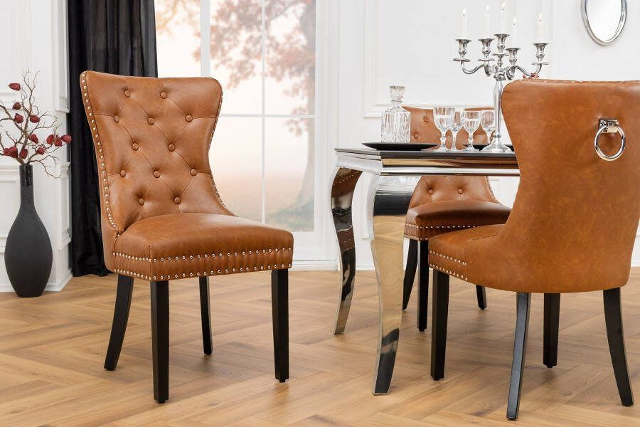 Invicta Interior Chesterfield Stoel CASTLE Bruin Kunstleer Zwart Massief Hout met Comfort Handvat 44586
