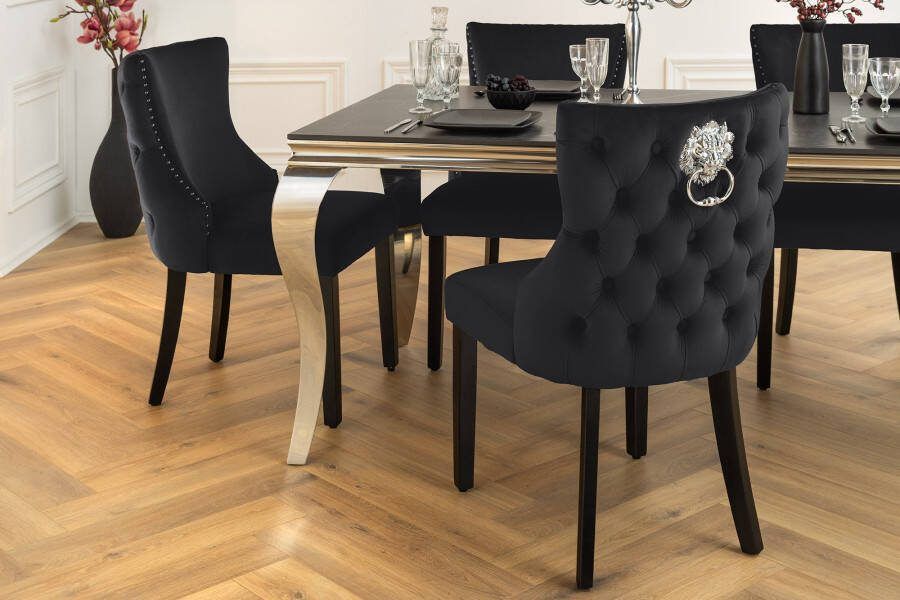 Invicta Interior Chesterfield Stoel CASTLE DELUXE Zwart fluweel met leeuwenkop klinknagels 45733