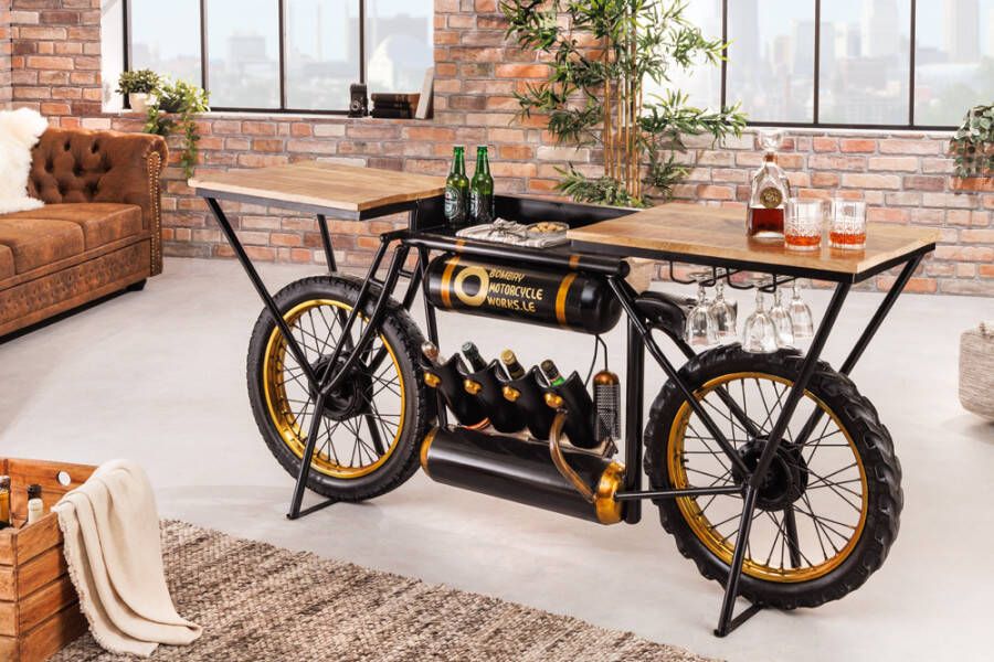 Invicta Interior industrieele console MOTORCYCLE 185cm mangohout zwart motorfiets bar upcycling 42108